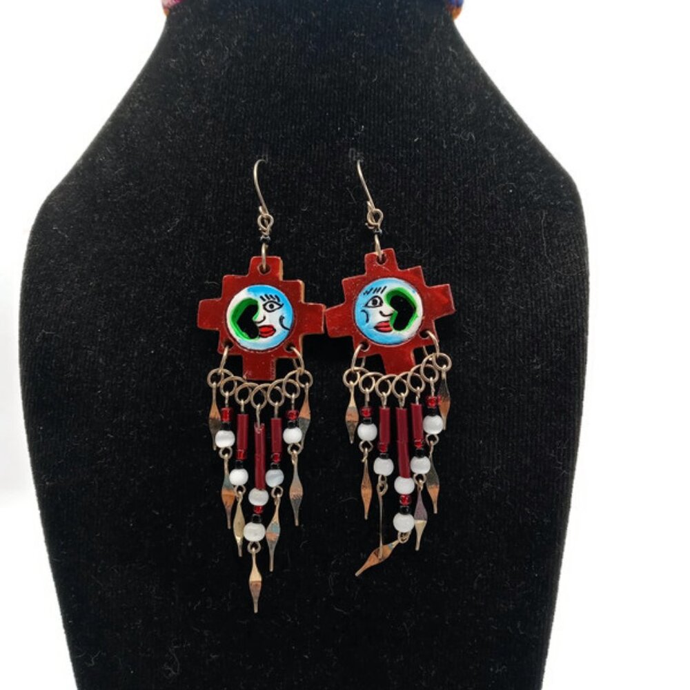 Handmade Ceramic Earrings Decorated with Multicolor Beads, Inca Chakana and Spir